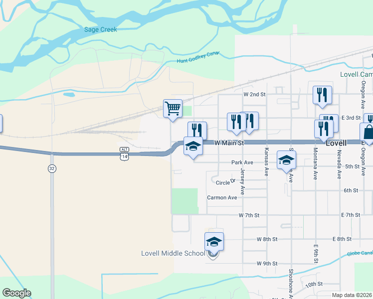 map of restaurants, bars, coffee shops, grocery stores, and more near 458-498 Hampshire Avenue in Lovell