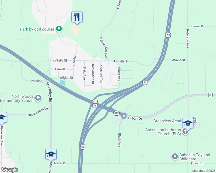map of restaurants, bars, coffee shops, grocery stores, and more near 4240 Concord Trail in Eau Claire
