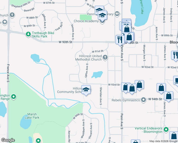 map of restaurants, bars, coffee shops, grocery stores, and more near 9225 Upton Avenue South in Minneapolis