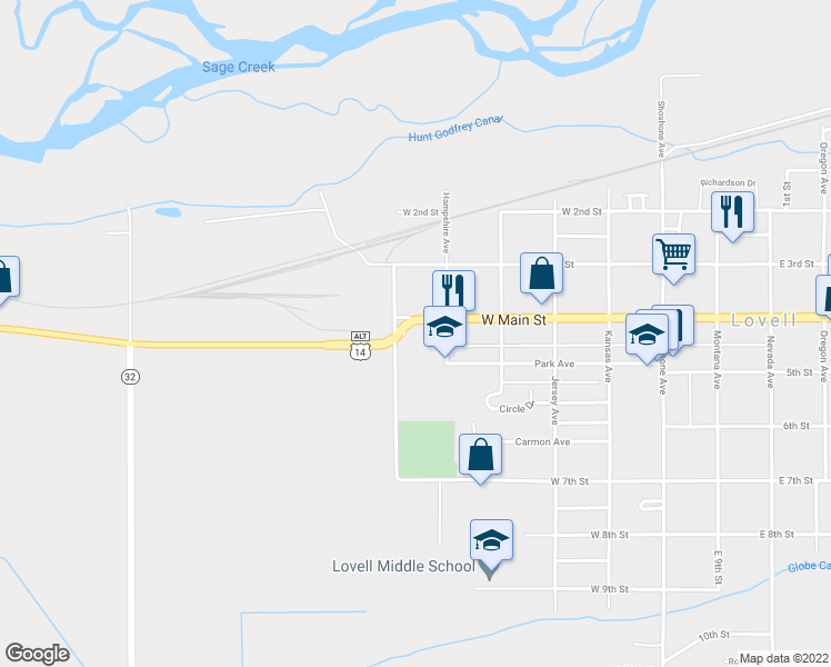 map of restaurants, bars, coffee shops, grocery stores, and more near 444 West Main Street in Lovell