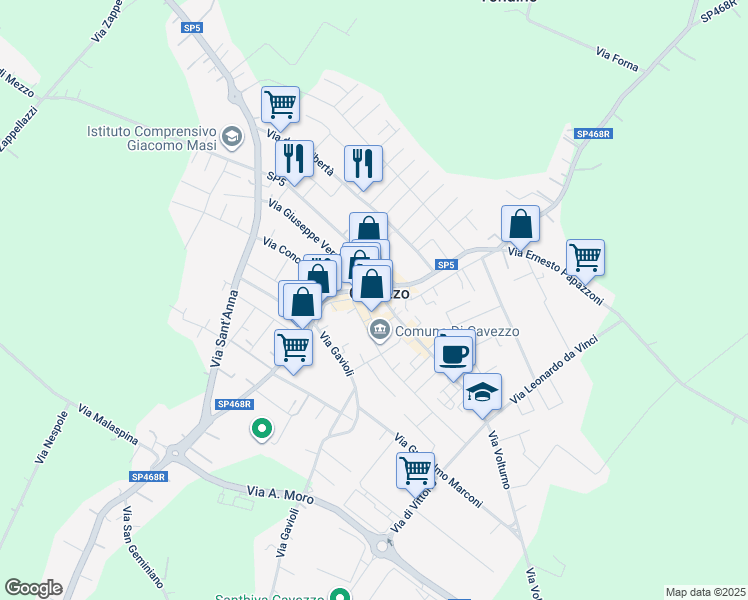 map of restaurants, bars, coffee shops, grocery stores, and more near 13 Piazza Martiri della Libertà in Cavezzo