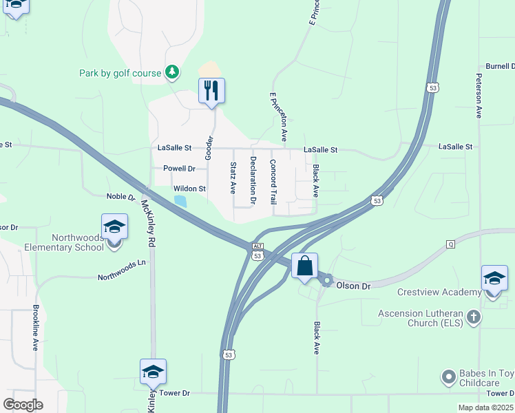 map of restaurants, bars, coffee shops, grocery stores, and more near 1933 Declaration Drive in Eau Claire