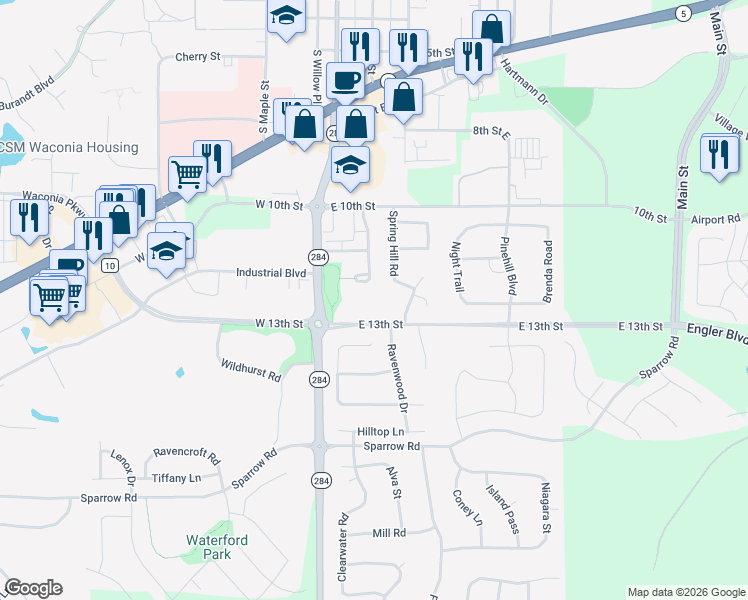 map of restaurants, bars, coffee shops, grocery stores, and more near 22 East 13th Street in Waconia