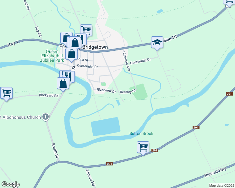 map of restaurants, bars, coffee shops, grocery stores, and more near 78 Riverview Drive in Bridgetown