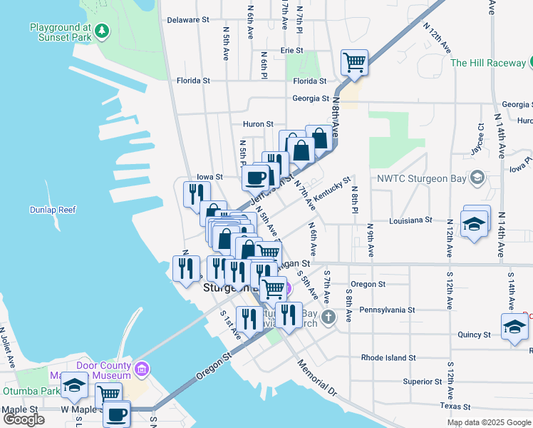 map of restaurants, bars, coffee shops, grocery stores, and more near 221 North 6th Avenue in Sturgeon Bay
