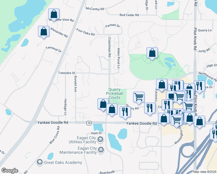 map of restaurants, bars, coffee shops, grocery stores, and more near 3350 Alden Pond Lane in Saint Paul