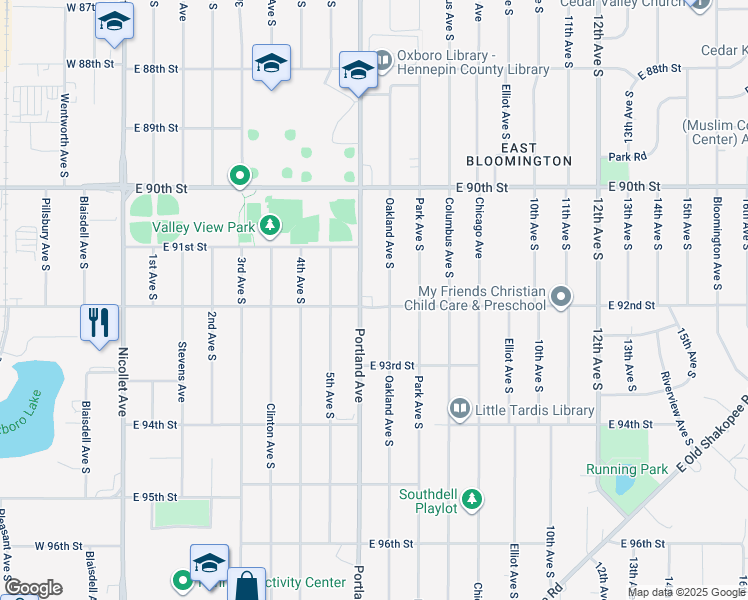 map of restaurants, bars, coffee shops, grocery stores, and more near 9121 Oakland Avenue South in Minneapolis