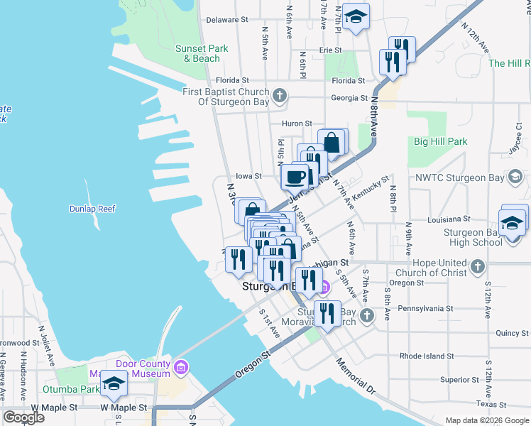 map of restaurants, bars, coffee shops, grocery stores, and more near 331 North 4th Avenue in Sturgeon Bay