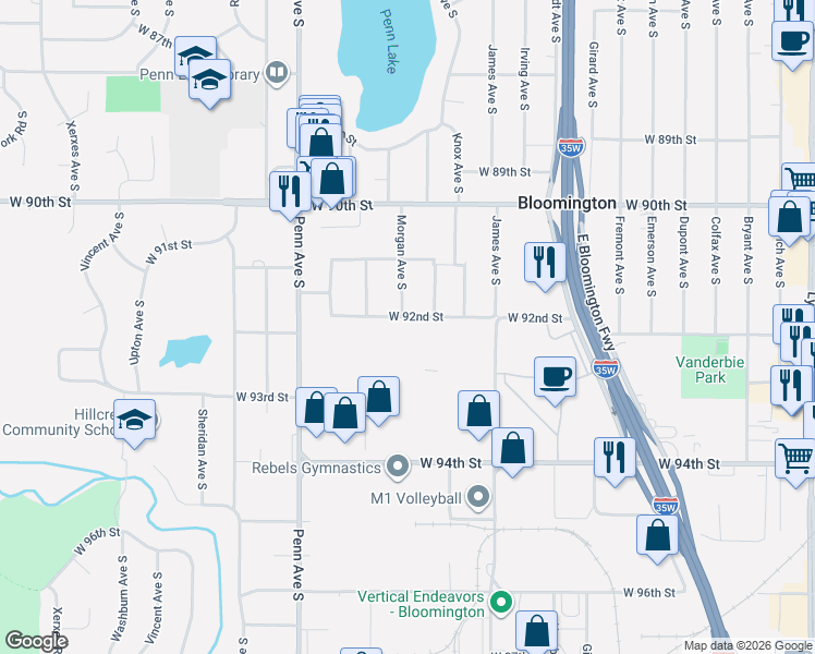 map of restaurants, bars, coffee shops, grocery stores, and more near 9133 Morgan Avenue South in Minneapolis