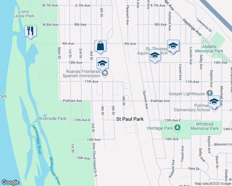 map of restaurants, bars, coffee shops, grocery stores, and more near 1107 6th Street in Saint Paul Park