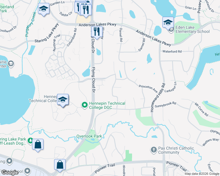 map of restaurants, bars, coffee shops, grocery stores, and more near 9134 Cold Stream Lane in Eden Prairie