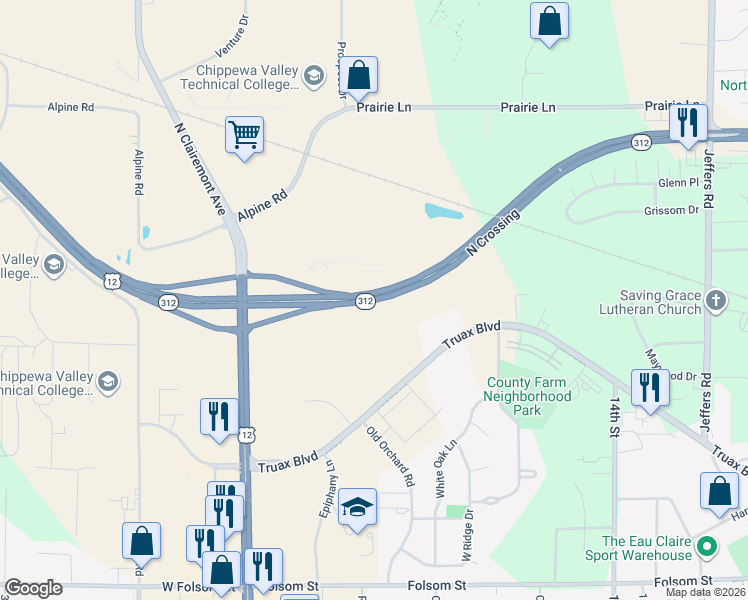 map of restaurants, bars, coffee shops, grocery stores, and more near Highway 312 in Eau Claire