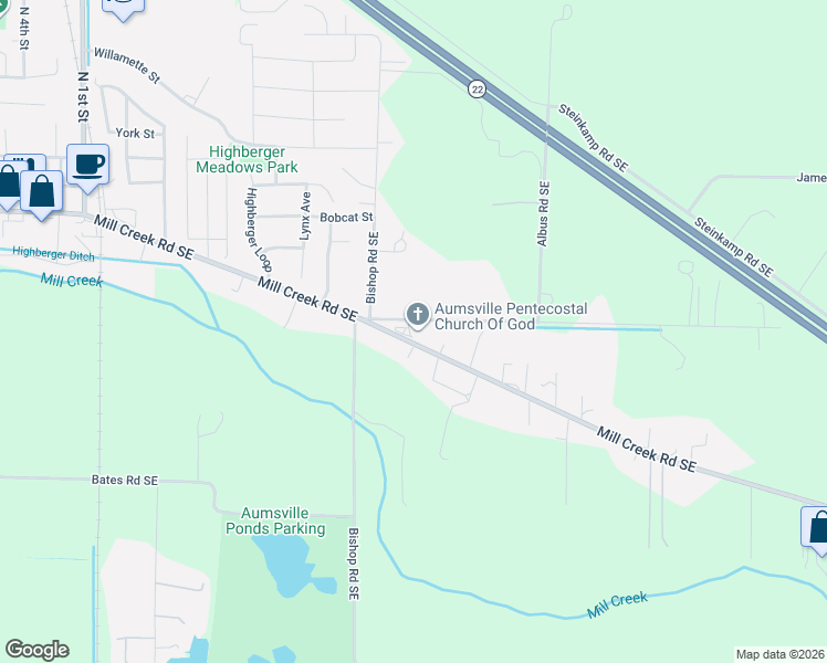 map of restaurants, bars, coffee shops, grocery stores, and more near 10151 Leverman Road Southeast in Aumsville
