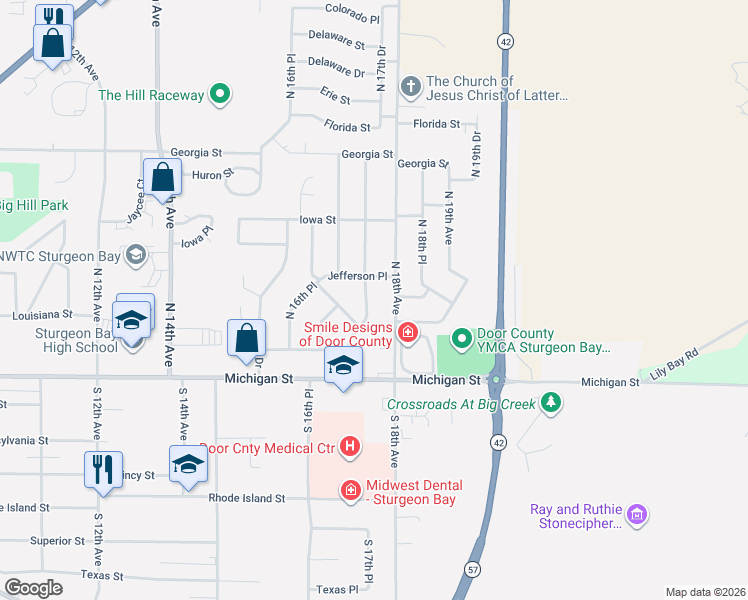 map of restaurants, bars, coffee shops, grocery stores, and more near 252 North 17th Drive in Sturgeon Bay