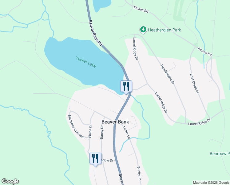 map of restaurants, bars, coffee shops, grocery stores, and more near 32 Tucker Lake Road in Beaver Bank