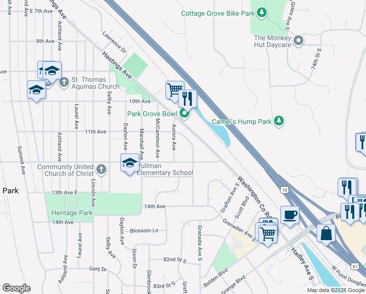 map of restaurants, bars, coffee shops, grocery stores, and more near 1125 Chicago Avenue in Saint Paul Park