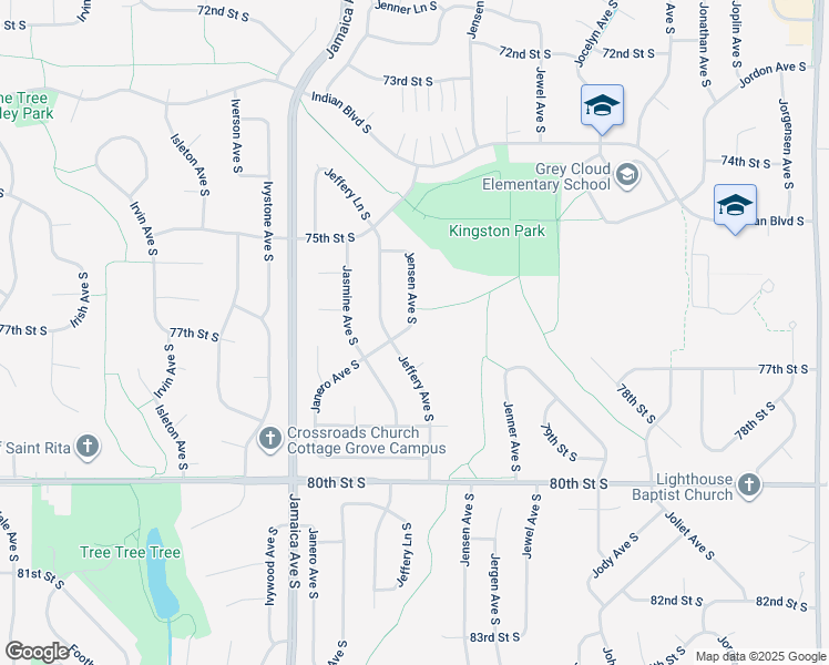 map of restaurants, bars, coffee shops, grocery stores, and more near 7657 Jensen Avenue South in Cottage Grove