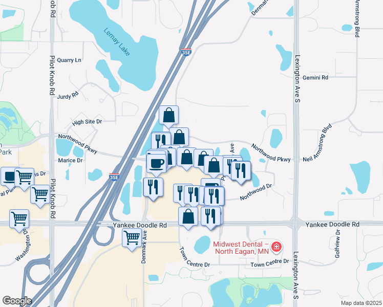 map of restaurants, bars, coffee shops, grocery stores, and more near 1247 Northwood Parkway in Eagan