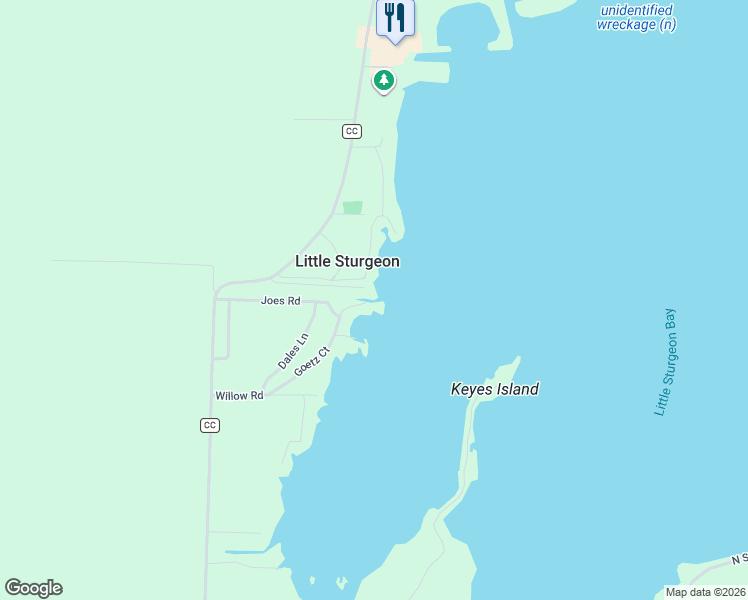 map of restaurants, bars, coffee shops, grocery stores, and more near 8860 Bay Woods Road in Sturgeon Bay