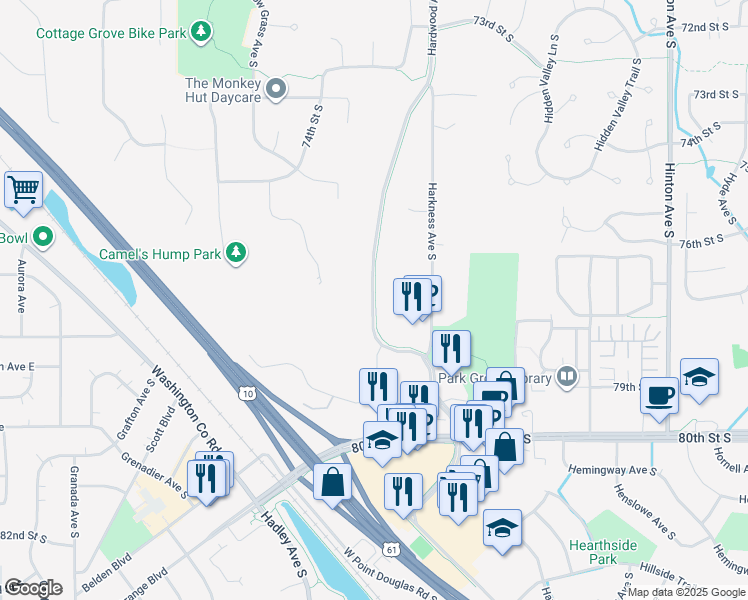 map of restaurants, bars, coffee shops, grocery stores, and more near 7699 Aspen Cove South in Cottage Grove