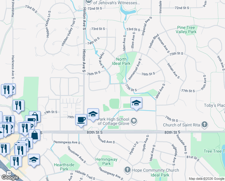map of restaurants, bars, coffee shops, grocery stores, and more near 7997 77th Street Court South in Cottage Grove