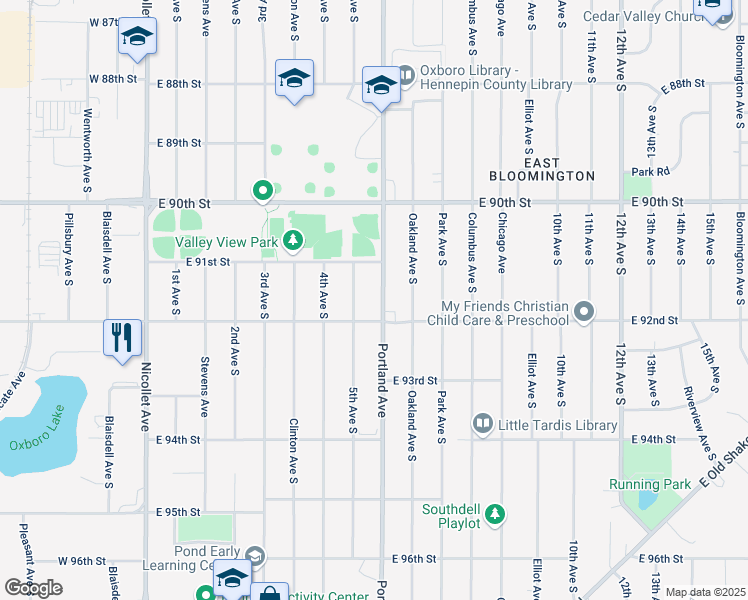 map of restaurants, bars, coffee shops, grocery stores, and more near 9124 Portland Avenue in Bloomington
