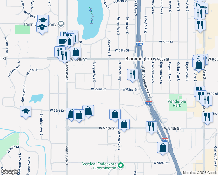 map of restaurants, bars, coffee shops, grocery stores, and more near 9133 Logan Avenue South in Minneapolis