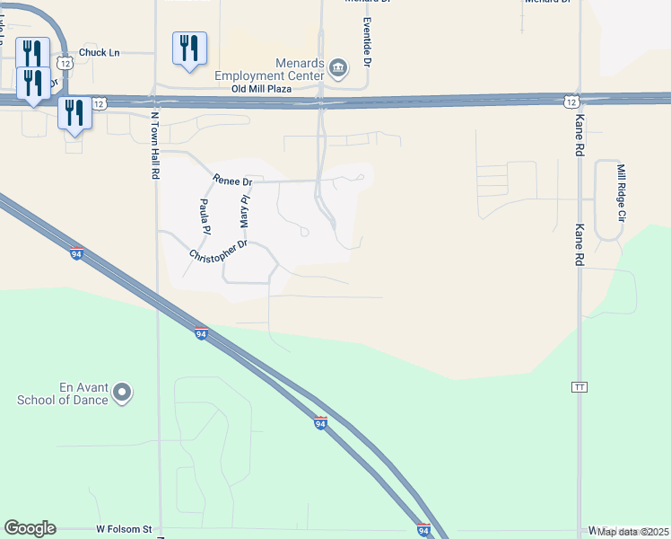 map of restaurants, bars, coffee shops, grocery stores, and more near 3916 Mill Run Road in Eau Claire