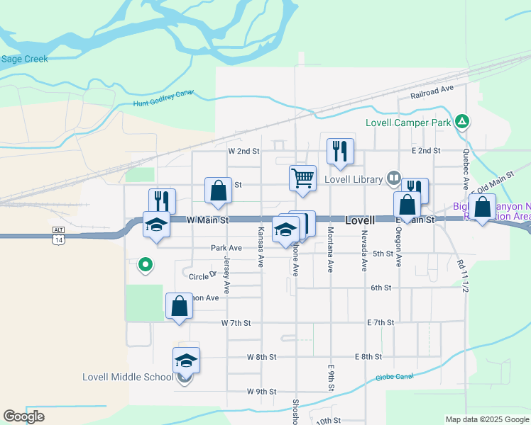map of restaurants, bars, coffee shops, grocery stores, and more near 360 Kansas Ave in Lovell