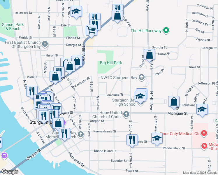 map of restaurants, bars, coffee shops, grocery stores, and more near 127 North 10th Place in Sturgeon Bay