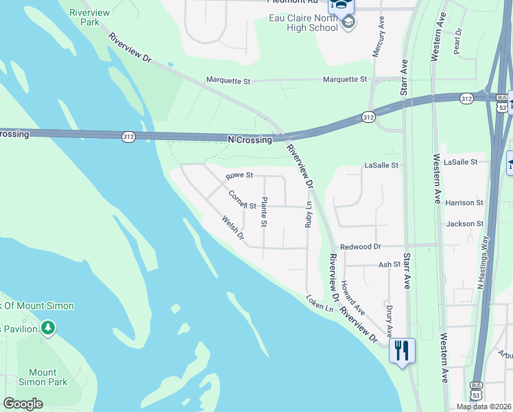 map of restaurants, bars, coffee shops, grocery stores, and more near Cornell Street in Eau Claire