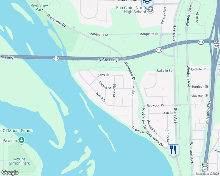 map of restaurants, bars, coffee shops, grocery stores, and more near Cornell Street in Eau Claire