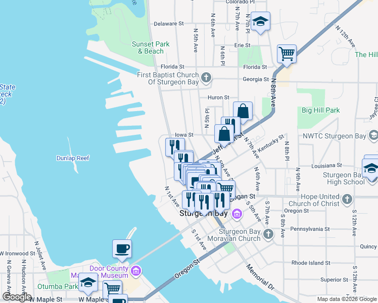map of restaurants, bars, coffee shops, grocery stores, and more near 331 North 4th Avenue in Sturgeon Bay