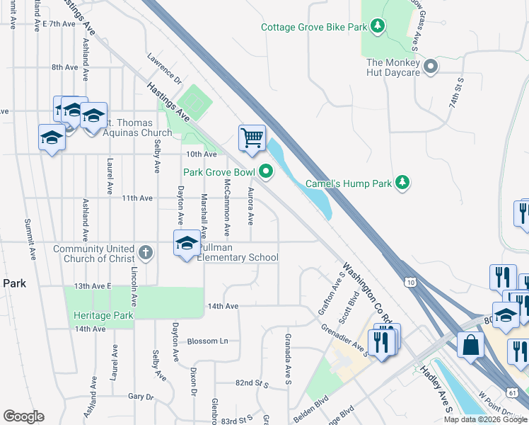 map of restaurants, bars, coffee shops, grocery stores, and more near 1125 Chicago Avenue in Saint Paul Park