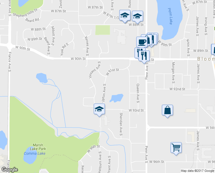 map of restaurants, bars, coffee shops, grocery stores, and more near 9133 Upton Avenue South in Minneapolis