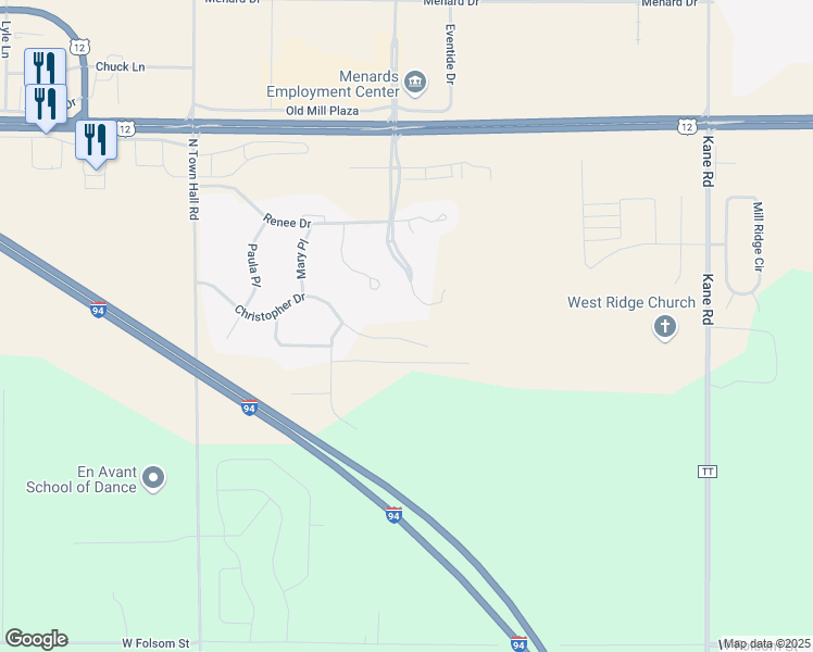 map of restaurants, bars, coffee shops, grocery stores, and more near 3916 Mill Run Road in Eau Claire