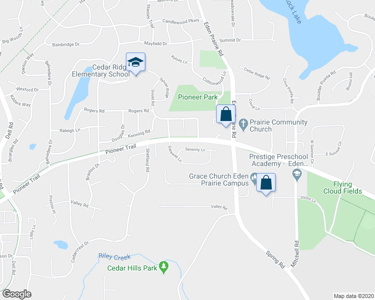 map of restaurants, bars, coffee shops, grocery stores, and more near 16391 Serenity Lane in Eden Prairie