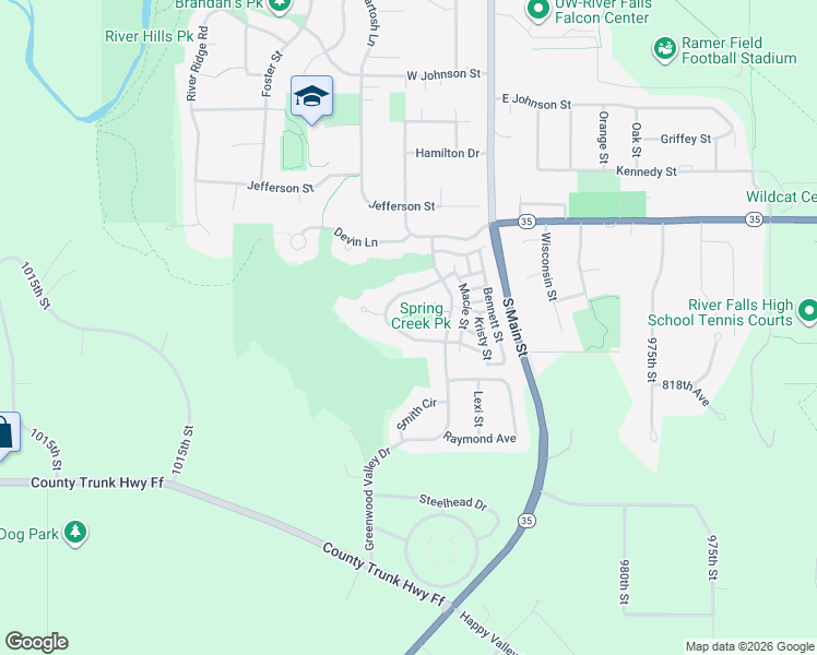 map of restaurants, bars, coffee shops, grocery stores, and more near 1838 Kimberly Circle in River Falls