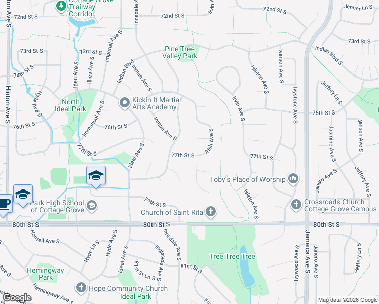 map of restaurants, bars, coffee shops, grocery stores, and more near 8518 77th Street South in Cottage Grove