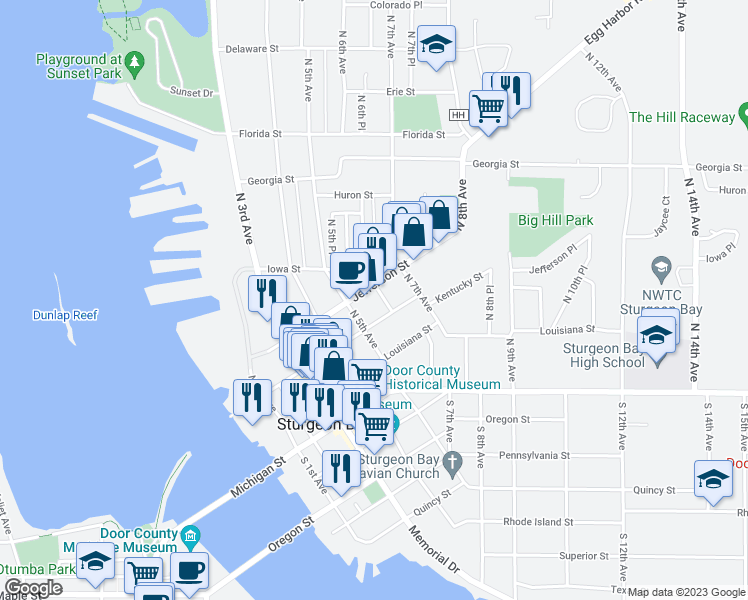 map of restaurants, bars, coffee shops, grocery stores, and more near 221 North 6th Avenue in Sturgeon Bay