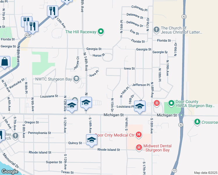 map of restaurants, bars, coffee shops, grocery stores, and more near 228 North 15th Court in Sturgeon Bay