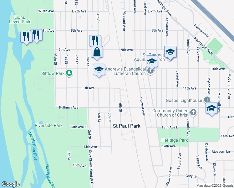 map of restaurants, bars, coffee shops, grocery stores, and more near 1107 6th Street in Saint Paul Park