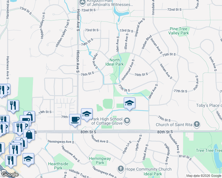 map of restaurants, bars, coffee shops, grocery stores, and more near 7997 77th Street Court South in Cottage Grove