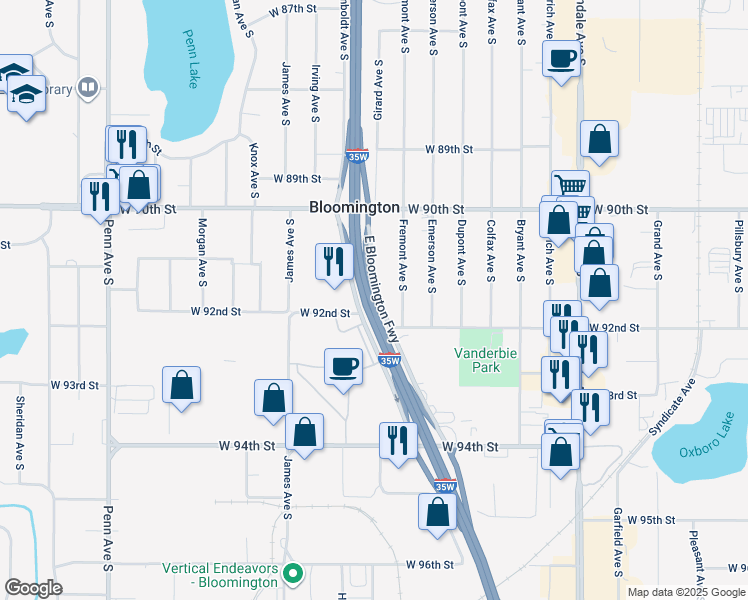 map of restaurants, bars, coffee shops, grocery stores, and more near 913 East Bloomington Freeway in Bloomington