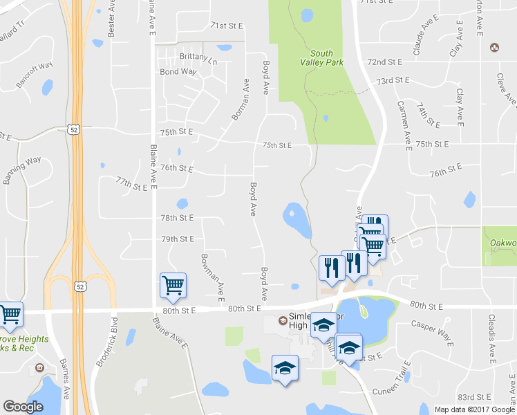 map of restaurants, bars, coffee shops, grocery stores, and more near 7710 Boyd Avenue in Inver Grove Heights