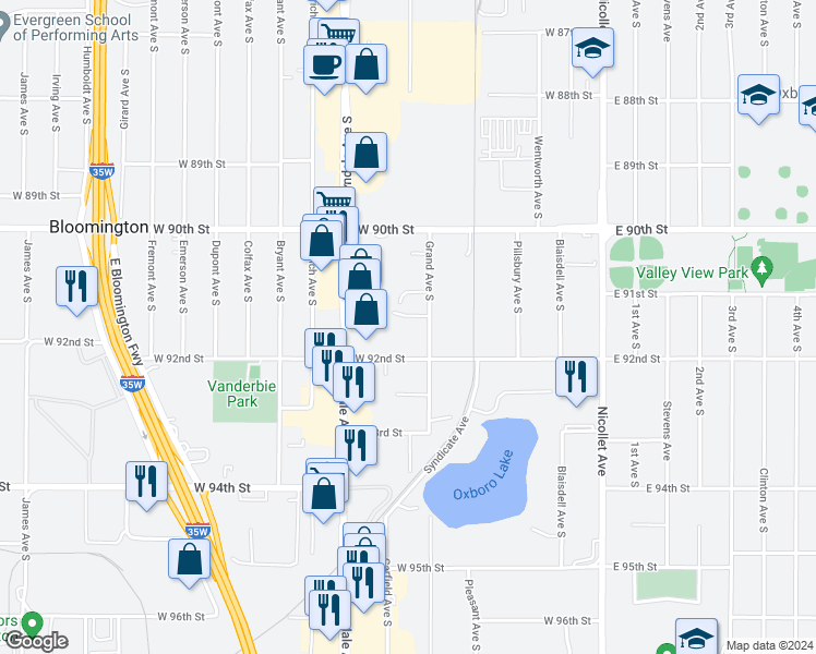 map of restaurants, bars, coffee shops, grocery stores, and more near 9124 Grand Avenue South in Minneapolis