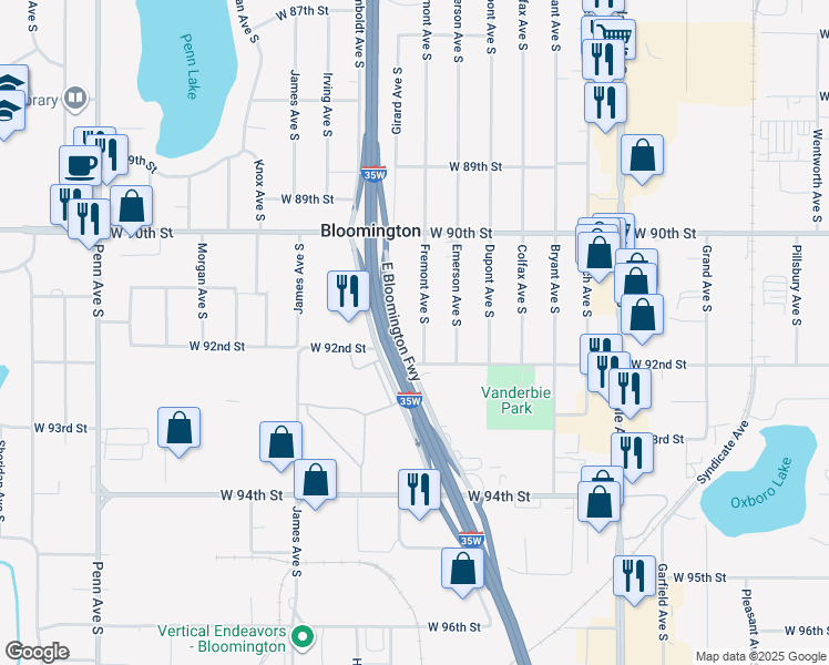 map of restaurants, bars, coffee shops, grocery stores, and more near 913 East Bloomington Freeway in Bloomington