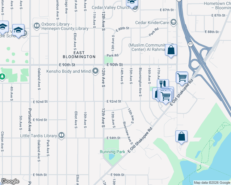 map of restaurants, bars, coffee shops, grocery stores, and more near 9119 13th Avenue South in Bloomington