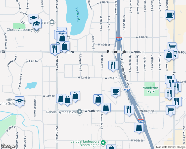 map of restaurants, bars, coffee shops, grocery stores, and more near 9133 Logan Avenue South in Minneapolis