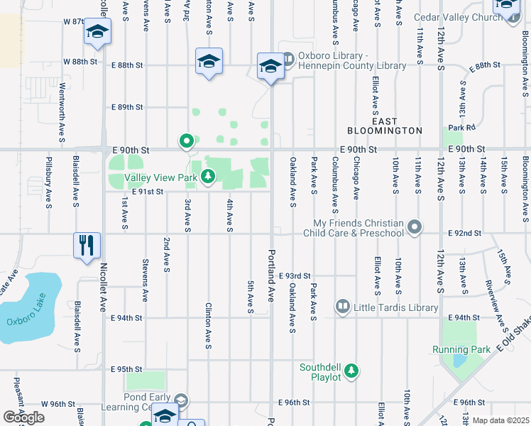 map of restaurants, bars, coffee shops, grocery stores, and more near 9124 Portland Avenue in Bloomington